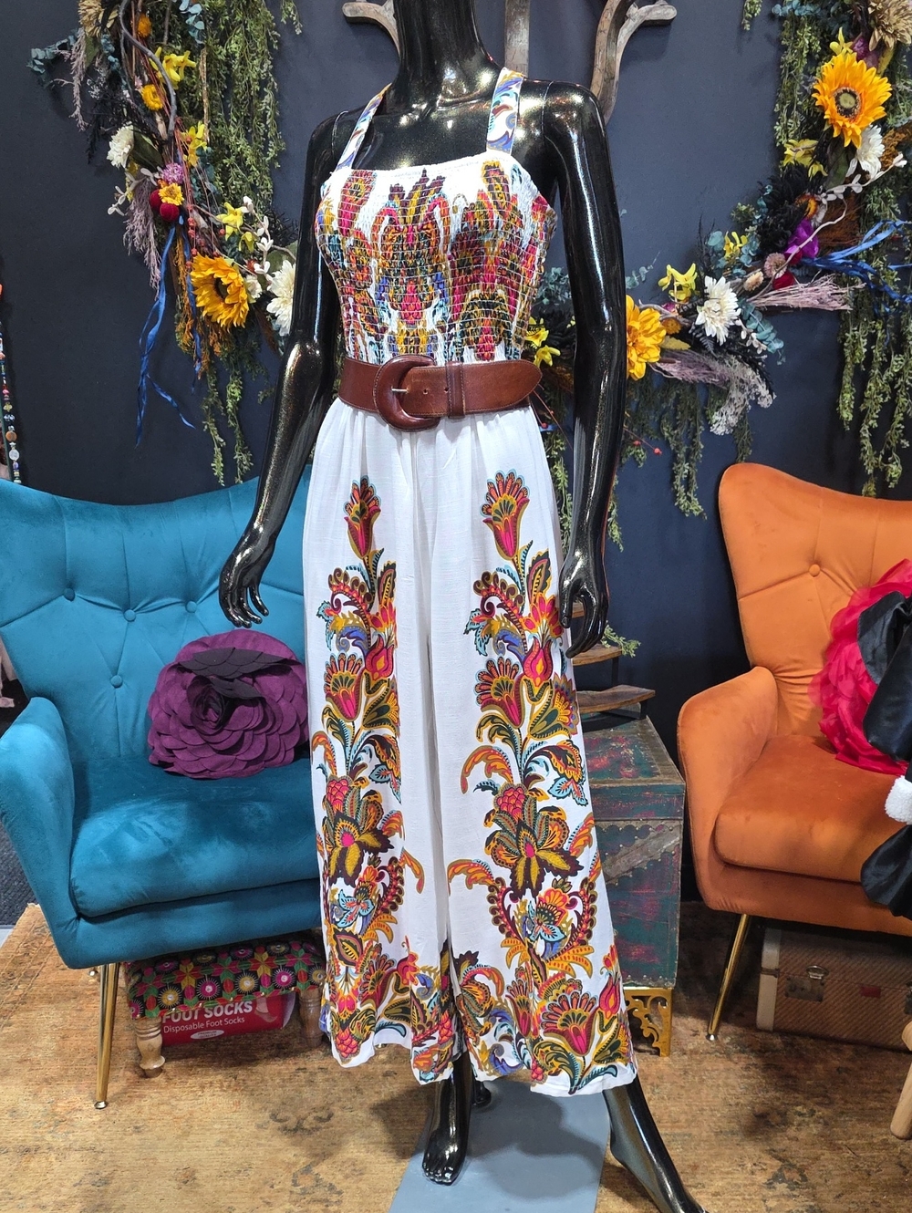 White Floral Smocked Jumpsuit with Multicolor Boho Print